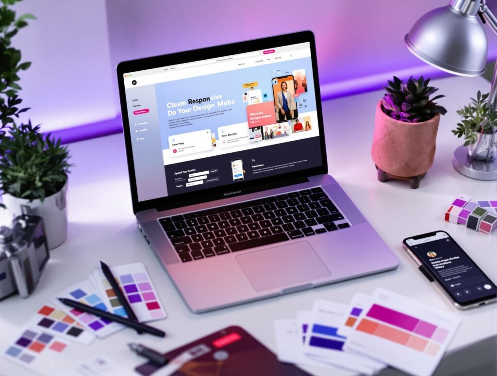 Diseño de página web en WordPress mostrado en una laptop sobre un escritorio creativo con detalles en color morado